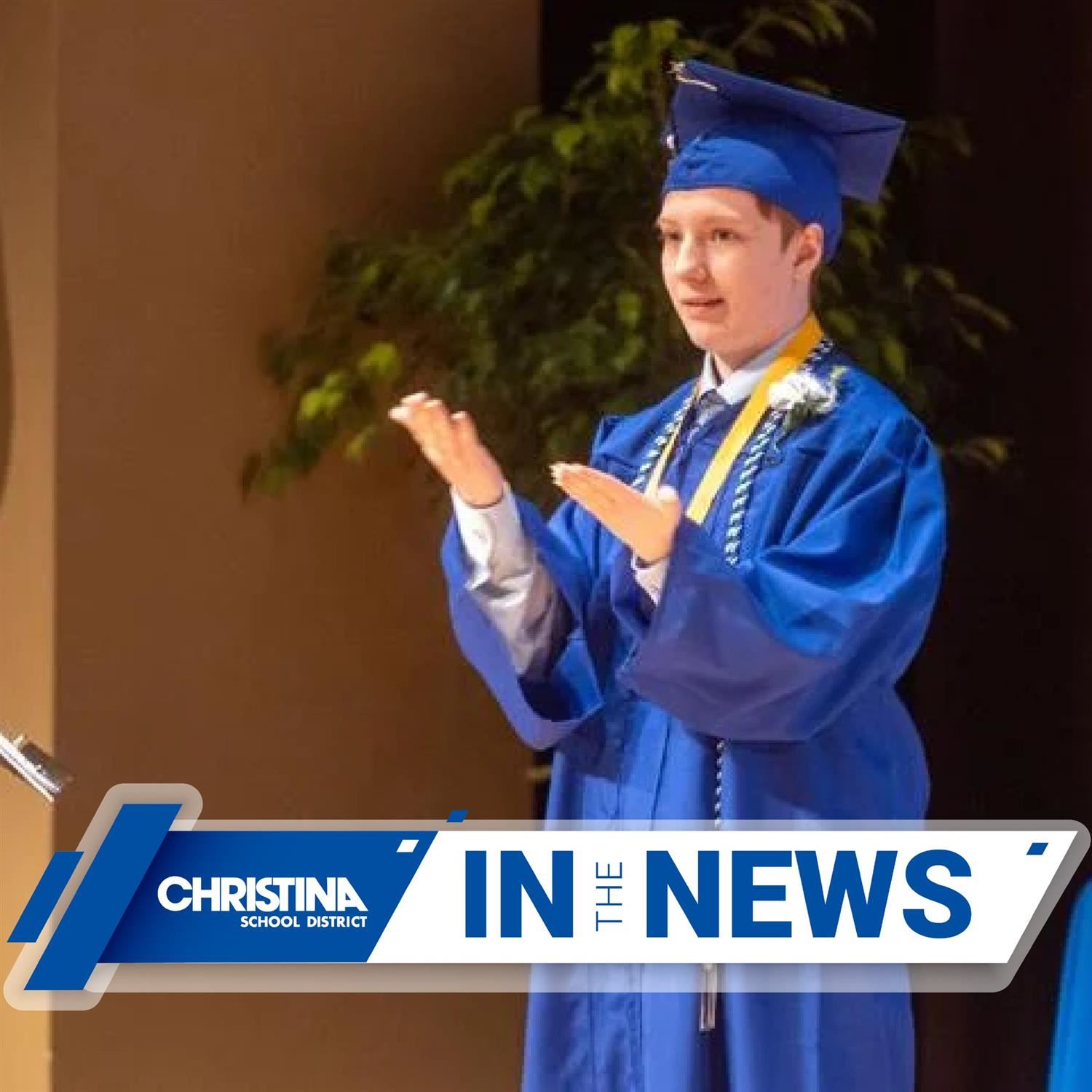  Photo of valedictorian using sign language during Delaware School for the Deaf's graduation